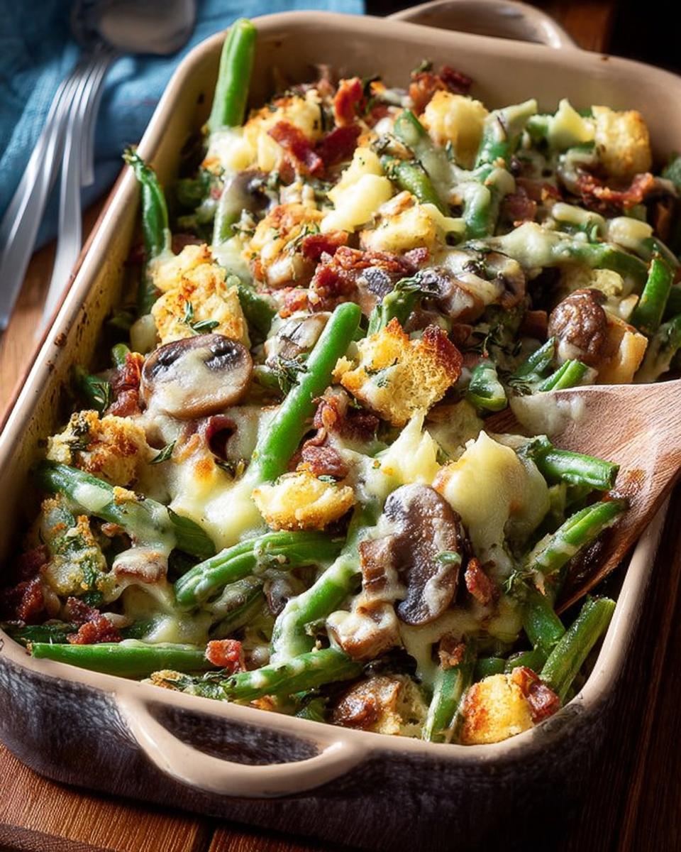 Close-up of Restaurant-Style Thanksgiving Green Beans casserole with melted cheese, bacon, and mushrooms.