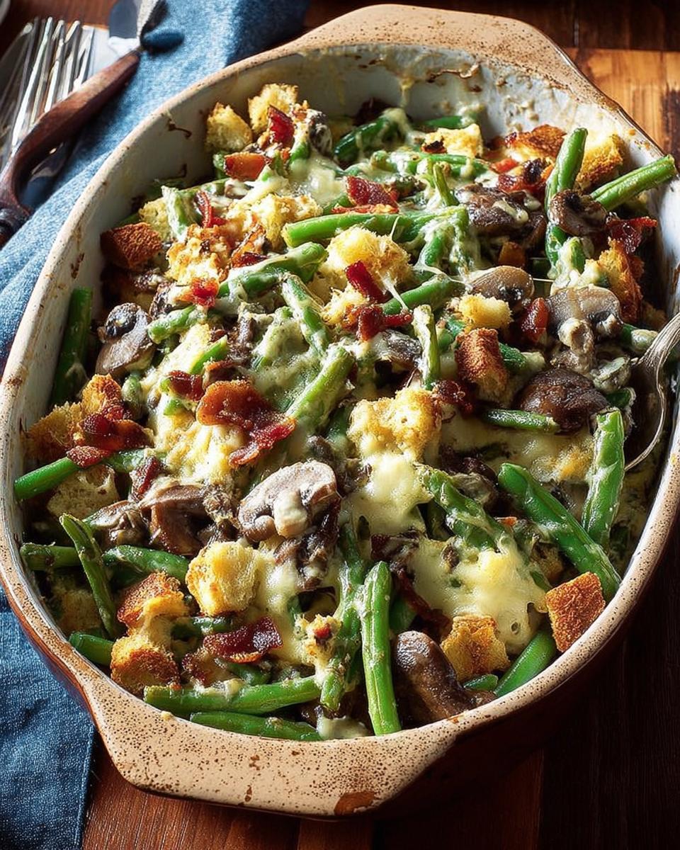 A close-up of a bubbly casserole dish filled with Restaurant-Style Thanksgiving Green Beans, topped with croutons and bacon.