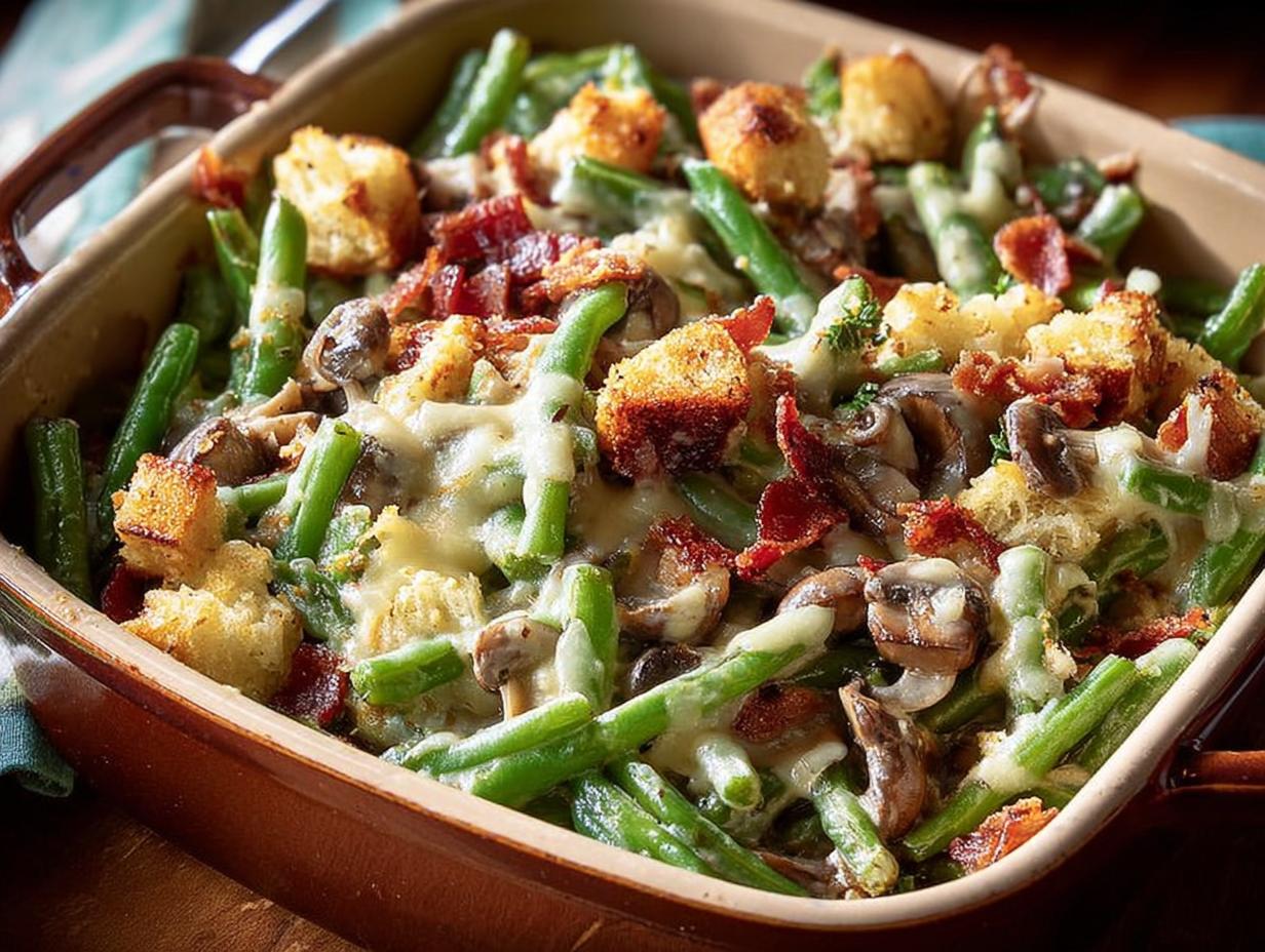 Close-up of Restaurant-Style Thanksgiving Green Beans casserole with bacon, mushrooms, and croutons.