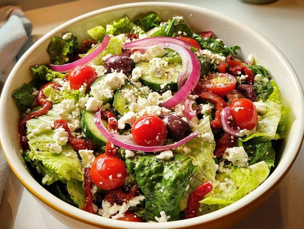 A vibrant and fresh restaurant-style Thanksgiving salad with romaine lettuce, cherry tomatoes, olives, feta, and red onion.