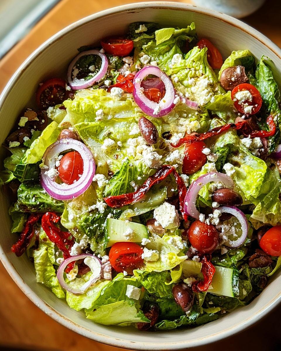 A vibrant and fresh restaurant-style Thanksgiving salad with lettuce, cherry tomatoes, red onion, olives, cucumber, and feta cheese.