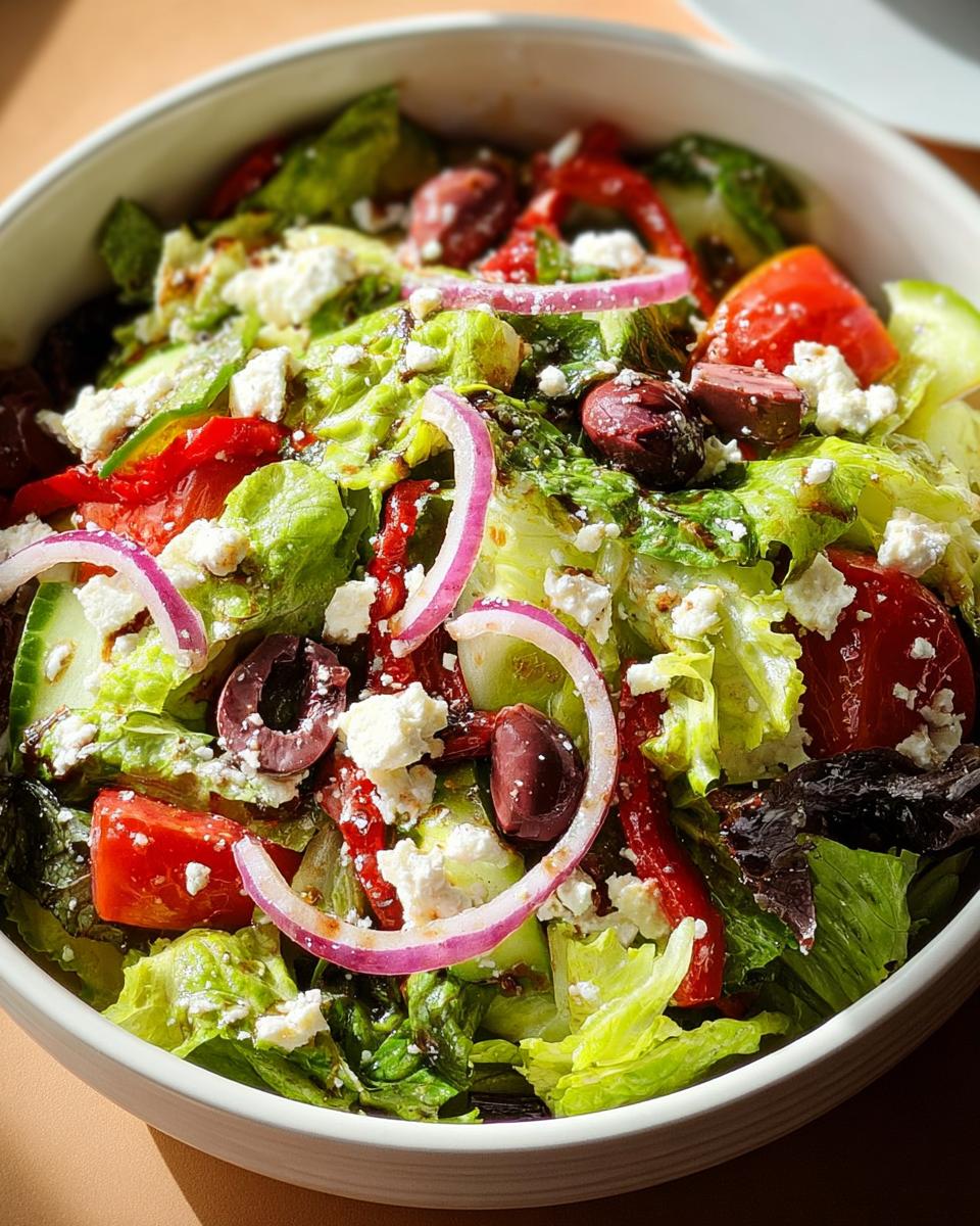 A vibrant bowl of Thanksgiving salad with lettuce, tomatoes, olives, feta, and red onion rings.