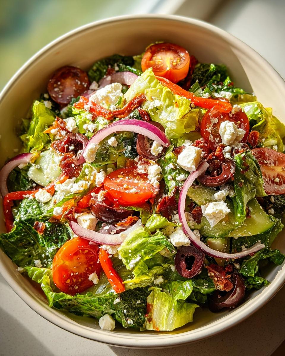 A vibrant bowl of restaurant-style Thanksgiving salad with romaine lettuce, cherry tomatoes, cucumber, red onion, olives, and feta cheese.