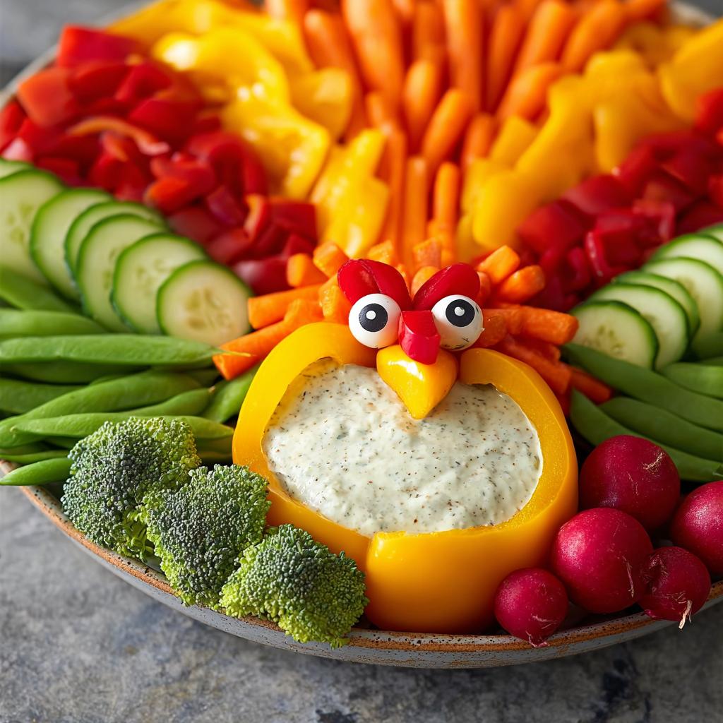 Creative restaurant-style Thanksgiving veggie tray at home, featuring a bell pepper chicken filled with dip and surrounded by colorful vegetables.