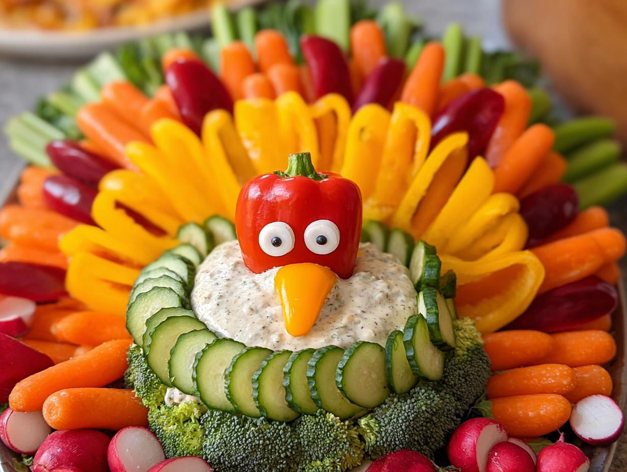A festive Thanksgiving veggie tray arranged in the shape of a turkey, featuring a red pepper head with googly eyes and a yellow pepper beak.