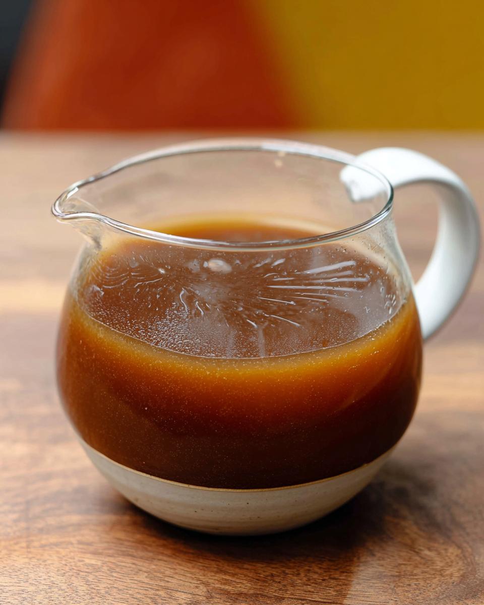A glass pitcher filled with rich, dark brown beef au jus recipe, sitting on a wooden surface.