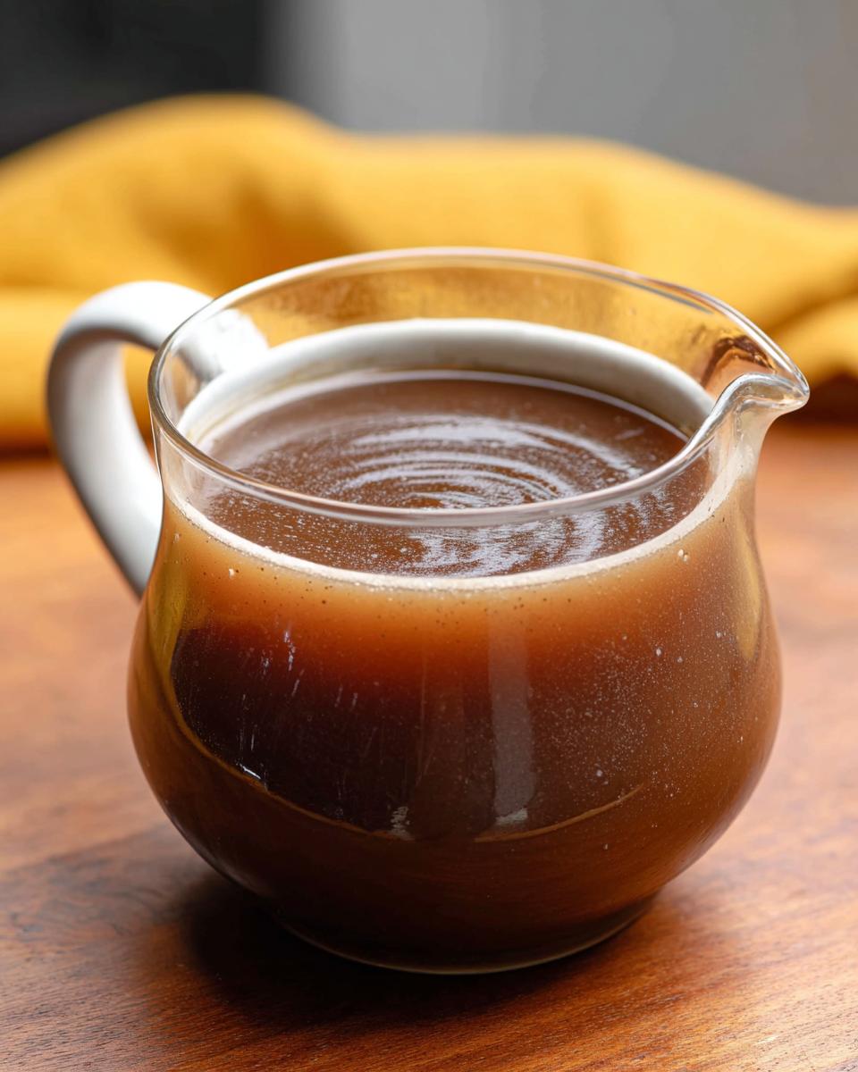 Close-up of rich and flavorful beef au jus recipe served in a small glass gravy boat.