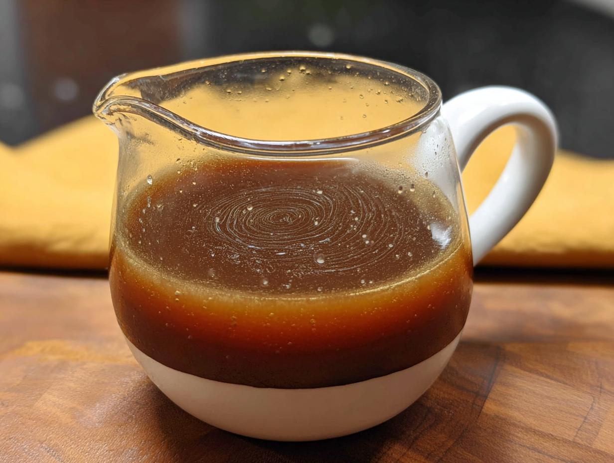 Close-up of rich and flavorful beef au jus recipe liquid in a small glass gravy boat.