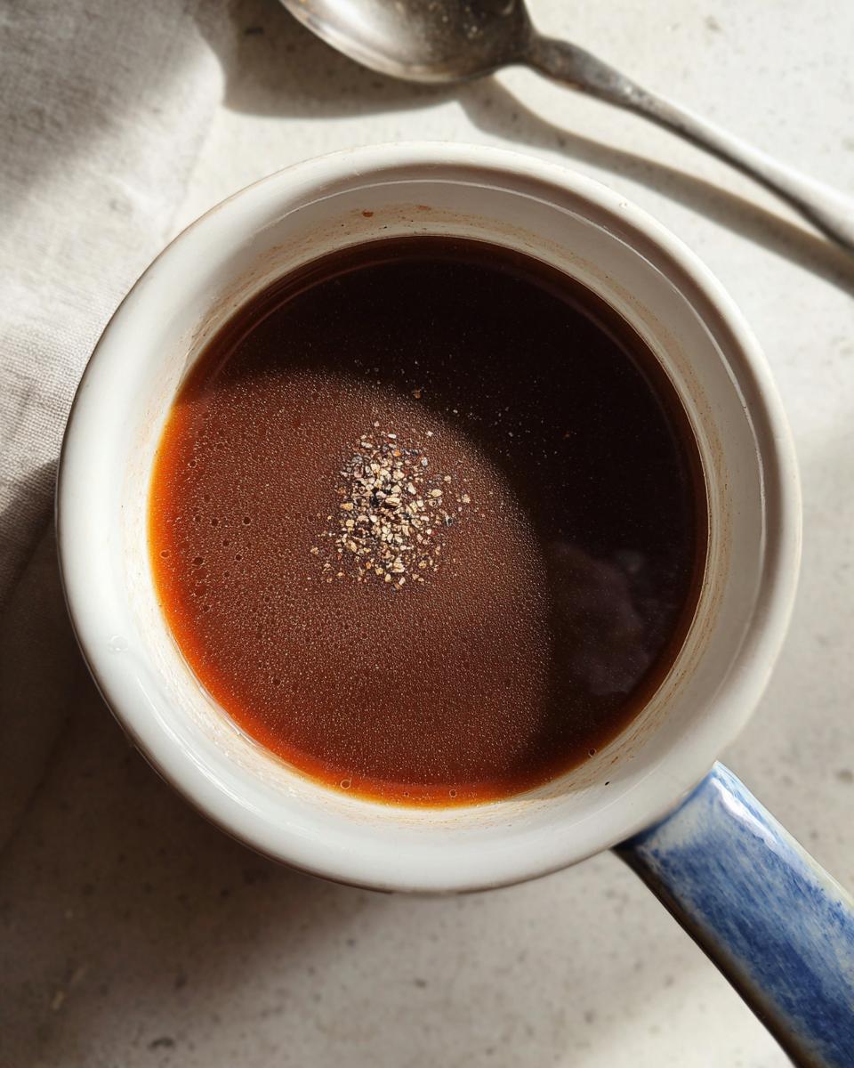 Overhead view of rich brown liquid, likely au jus, topped with cracked pepper in a white and blue handled mug.