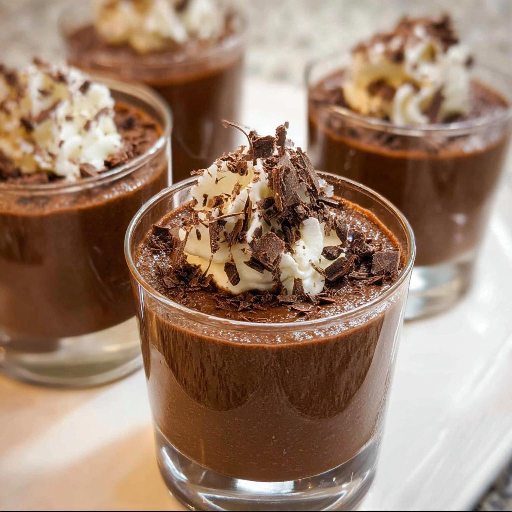 Close-up of individual servings of rich Chocolate Mousse topped with whipped cream and chocolate shavings.