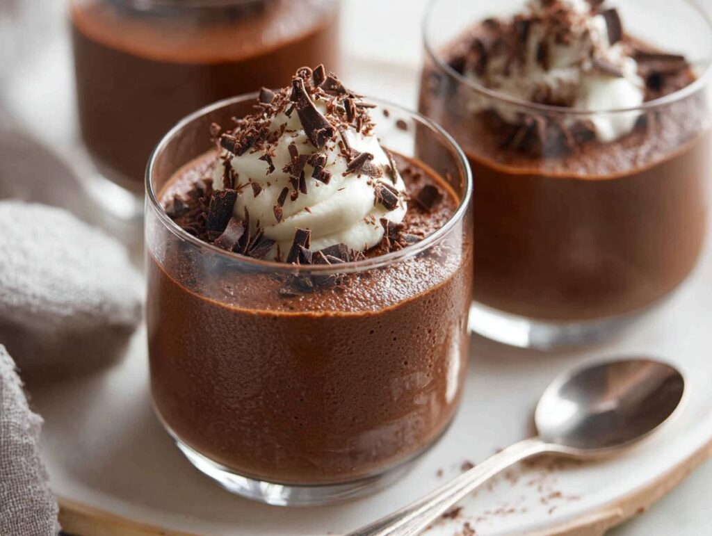 Close-up of rich Chocolate Mousse served in a small glass, topped with whipped cream and chocolate shavings.