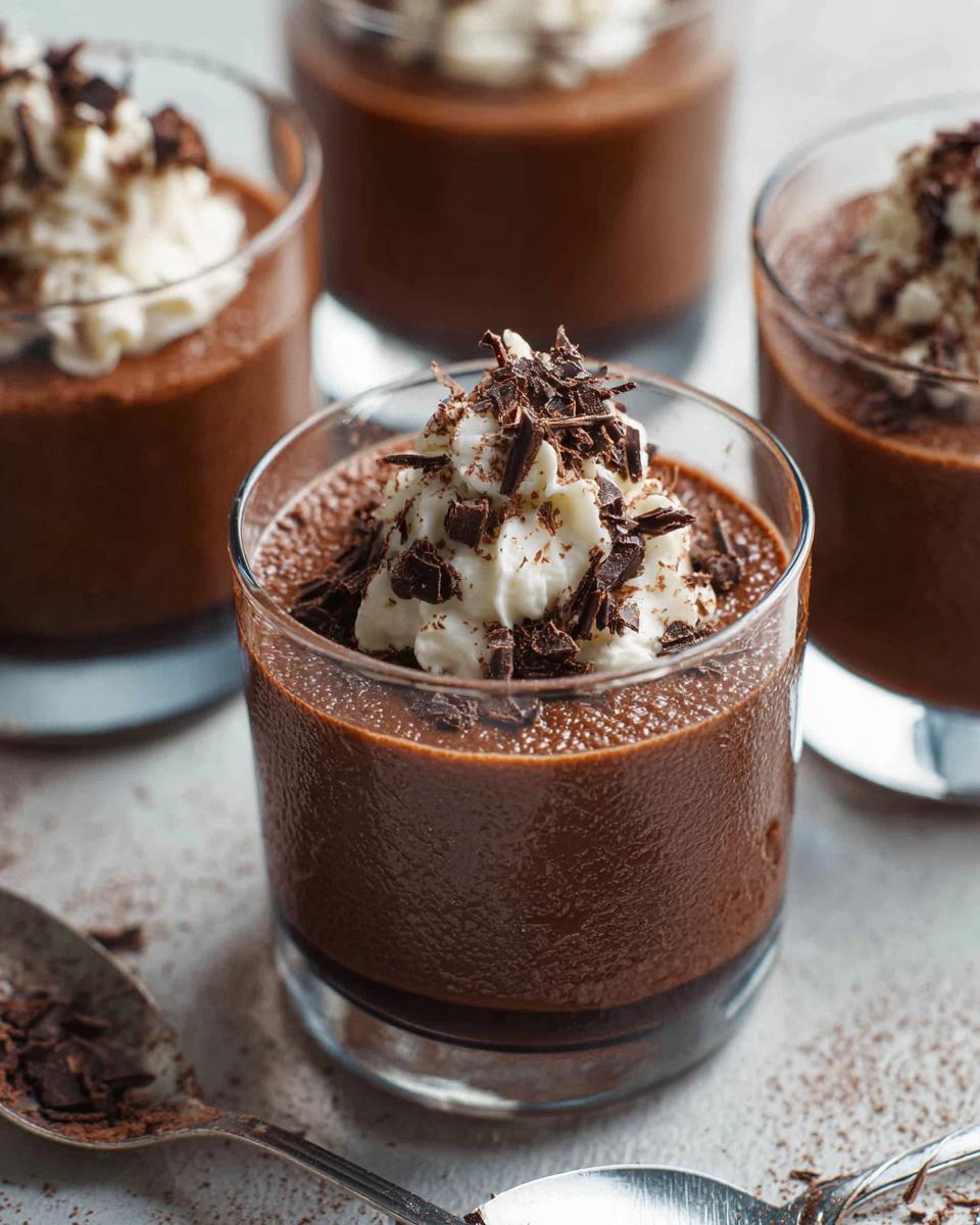 Close-up of individual servings of rich Chocolate Mousse topped with whipped cream and chocolate shavings.