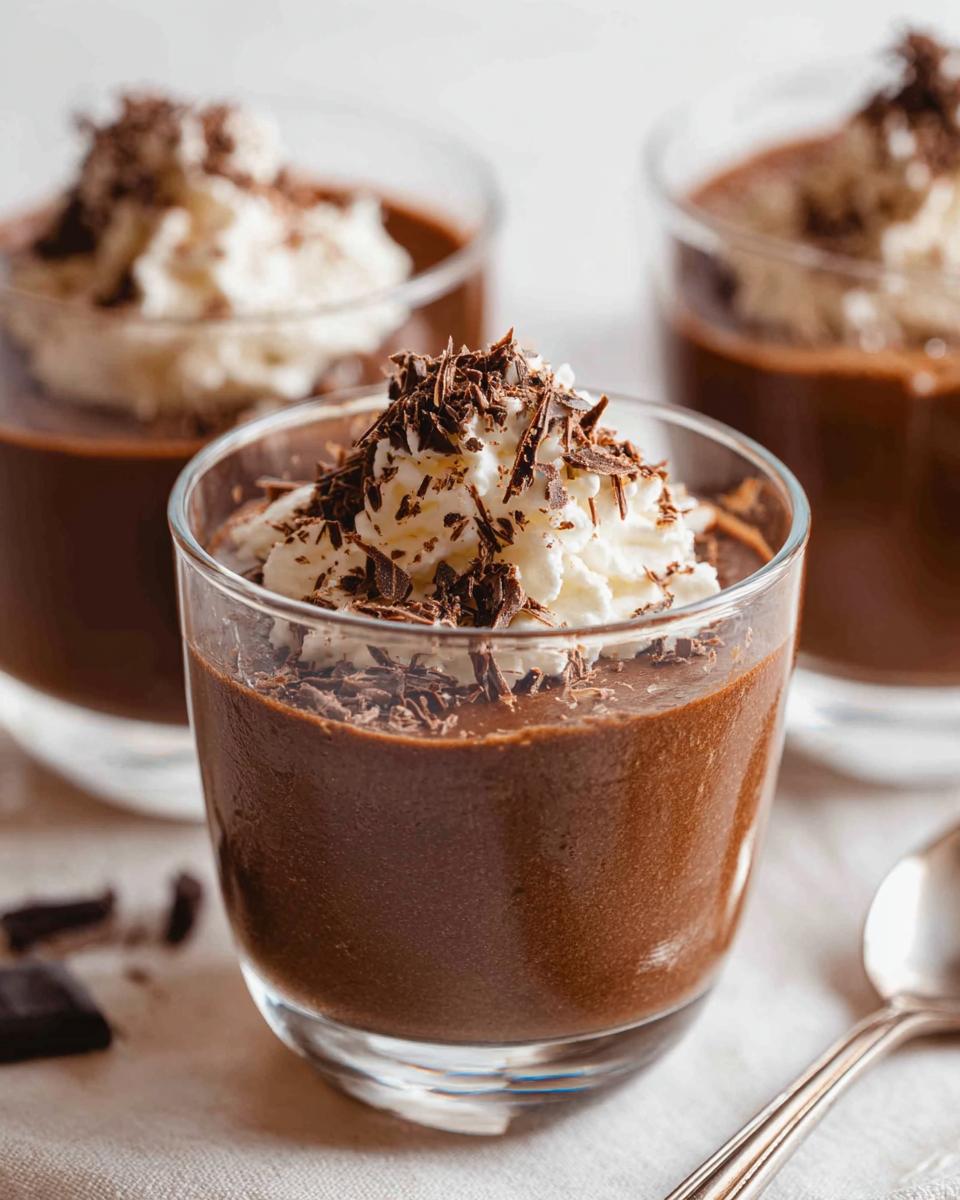 Close-up of a serving of rich Chocolate Mousse topped with whipped cream and chocolate shavings.