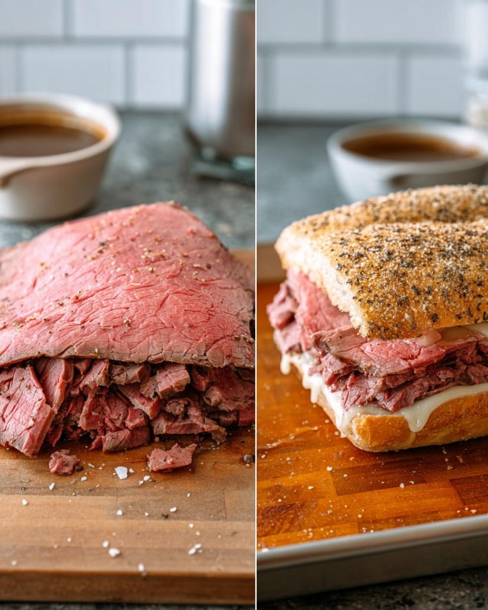 Split image showing sliced rare roast beef on a cutting board and a finished French Dip sandwich ready for dipping in Au Jus.