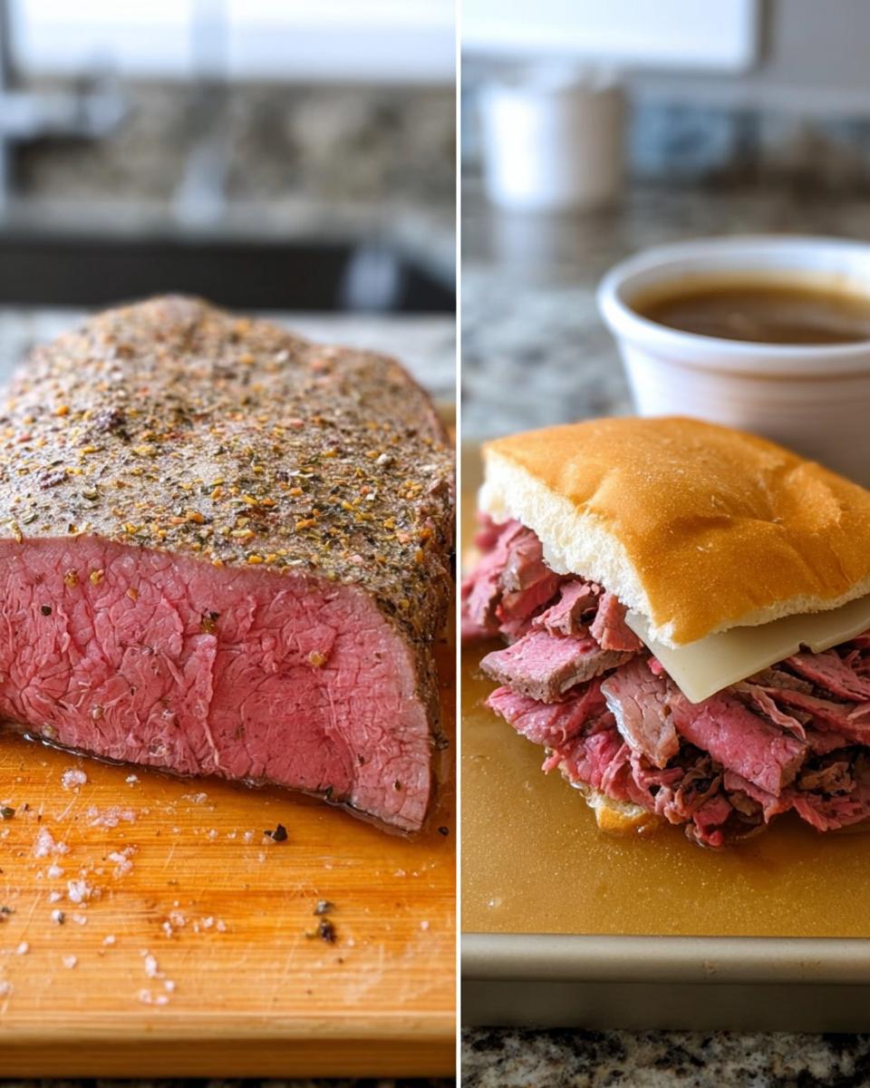 Split image showing seasoned roast beef on a cutting board and a French Dip sandwich ready for dipping in delicious Au Jus.