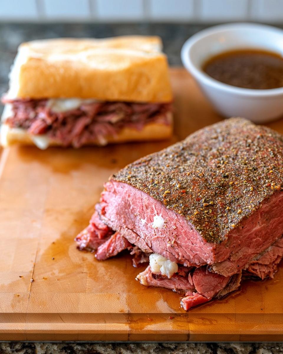 Sliced roast beef seasoned with pepper next to a French Dip sandwich and a bowl of Au Jus.