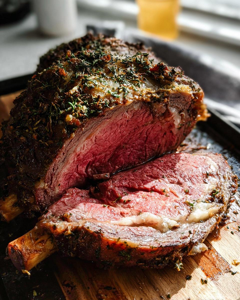 Close-up of a medium-rare prime rib roast, sliced to show the pink center after being roasted in the oven.