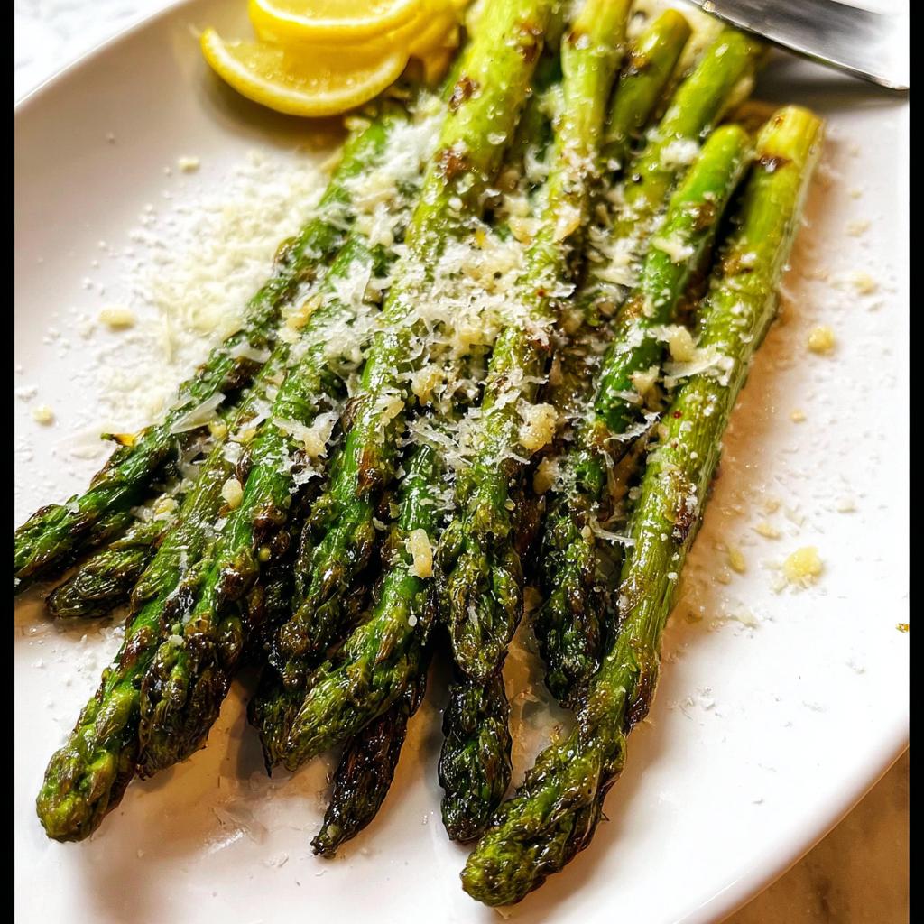 A plate of perfectly Roasted Asparagus with Parmesan cheese shavings and lemon wedges.
