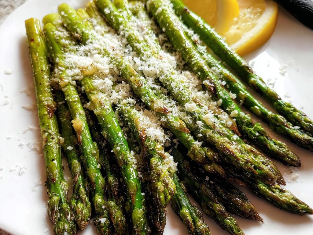 Close-up of bright green Roasted Asparagus with Parmesan cheese sprinkled on top, served with lemon wedges.