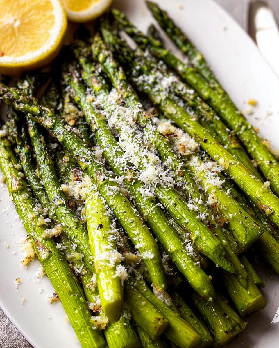 A close-up of bright green Roasted Asparagus with Parmesan cheese sprinkled generously over the top, served with lemon wedges.