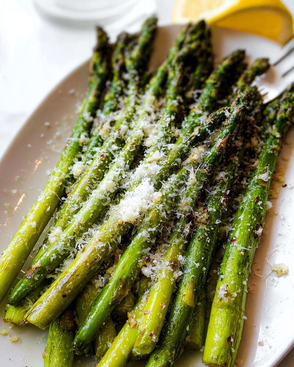 Close-up of bright green Roasted Asparagus with Parmesan cheese sprinkled on top, served on a white plate.