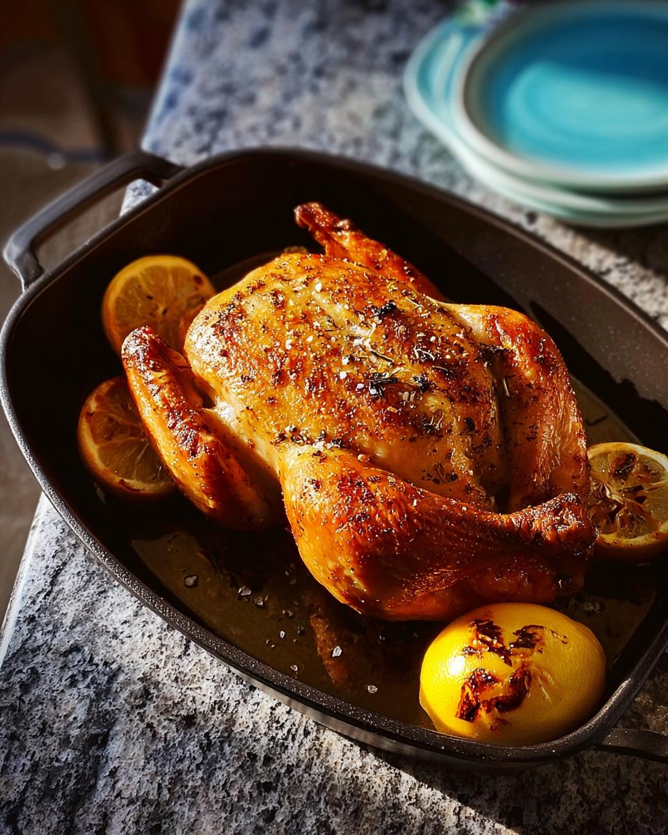 A perfectly roasted golden chicken with crispy skin, seasoned with herbs and spices, served with lemon slices in a black roasting pan. A simple yet elegant dish for 5-Ingredient Dinner Recipes.