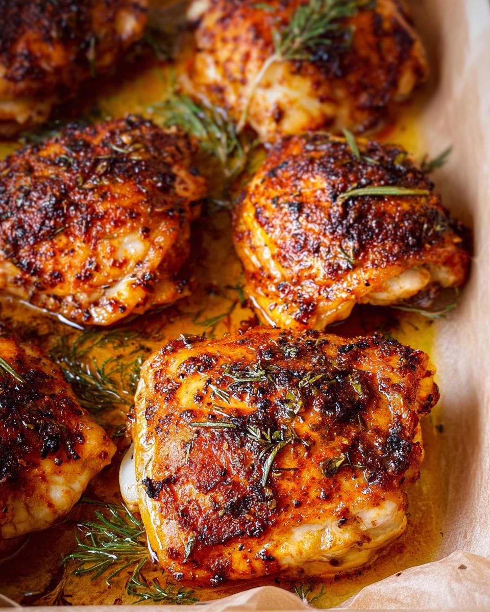 Close-up of perfectly roasted chicken thighs with crispy skin, seasoned with herbs and spices, in a baking dish.