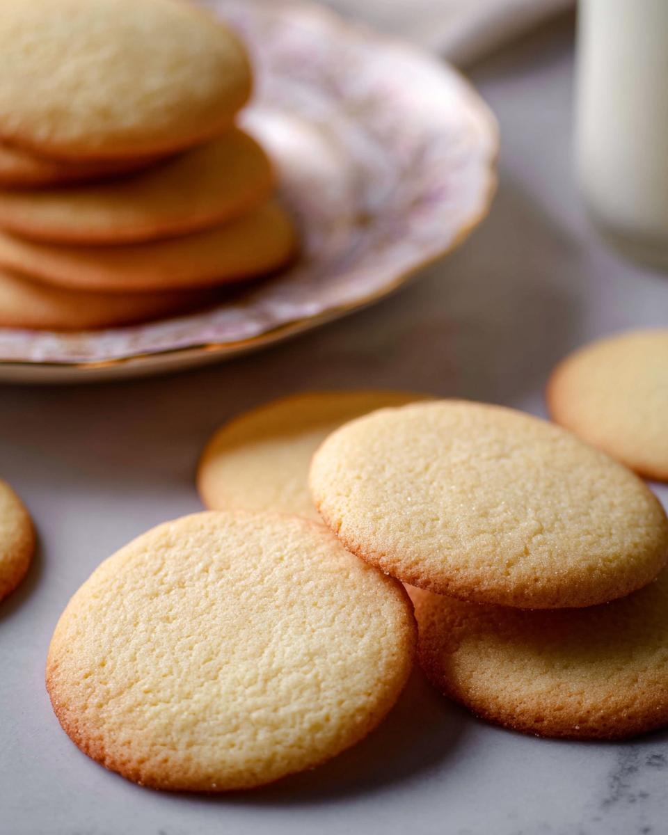 Close-up of perfectly baked, round Cutout Sugar Cookies with slightly golden edges.