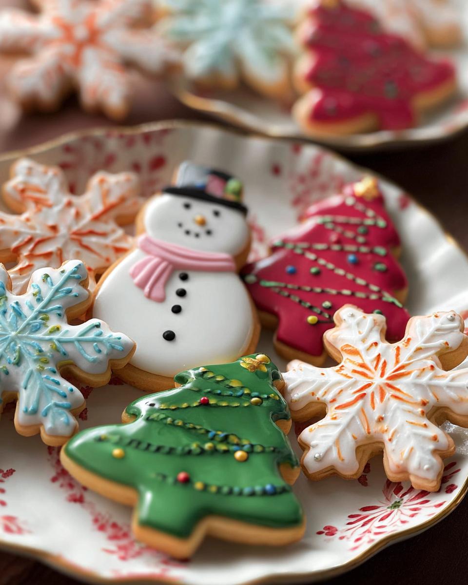 Close-up of Christmas cookies decorated with smooth Royal Icing for Decorated Cookies, featuring a snowman, trees, and snowflakes.