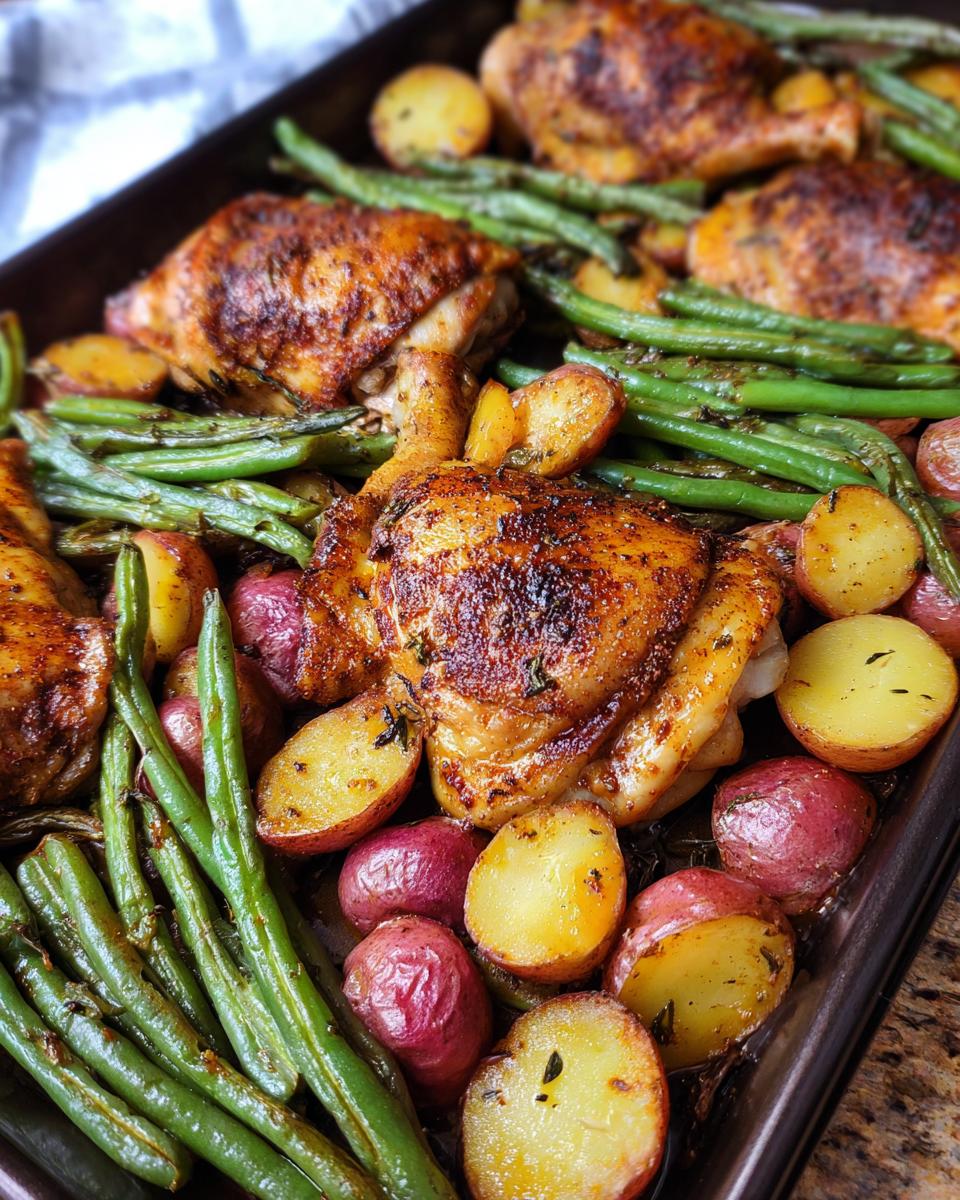 Close-up of a baking sheet filled with roasted chicken thighs, red potatoes, and green beans, perfect for busy weeknights.