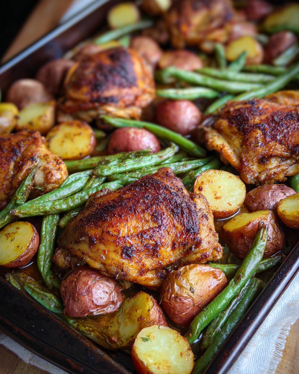 Close-up of roasted chicken thighs with crispy skin, alongside red potatoes and green beans on a sheet pan.