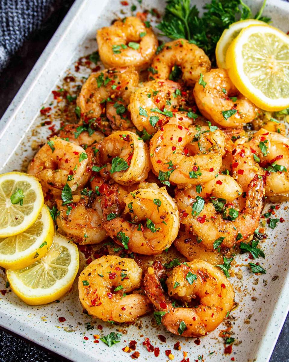 Close-up of cooked Garlic Butter Shrimp seasoned with red pepper flakes and parsley, served on a sheet pan with lemon slices.