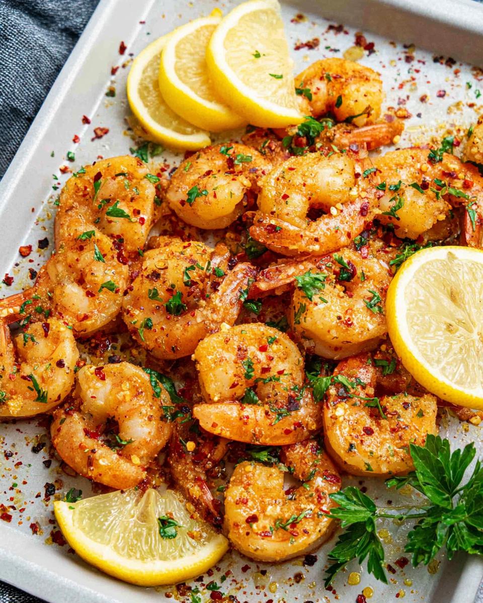 Close-up of juicy Garlic Butter Shrimp seasoned with herbs and chili flakes, served on a sheet pan with fresh lemon wedges.