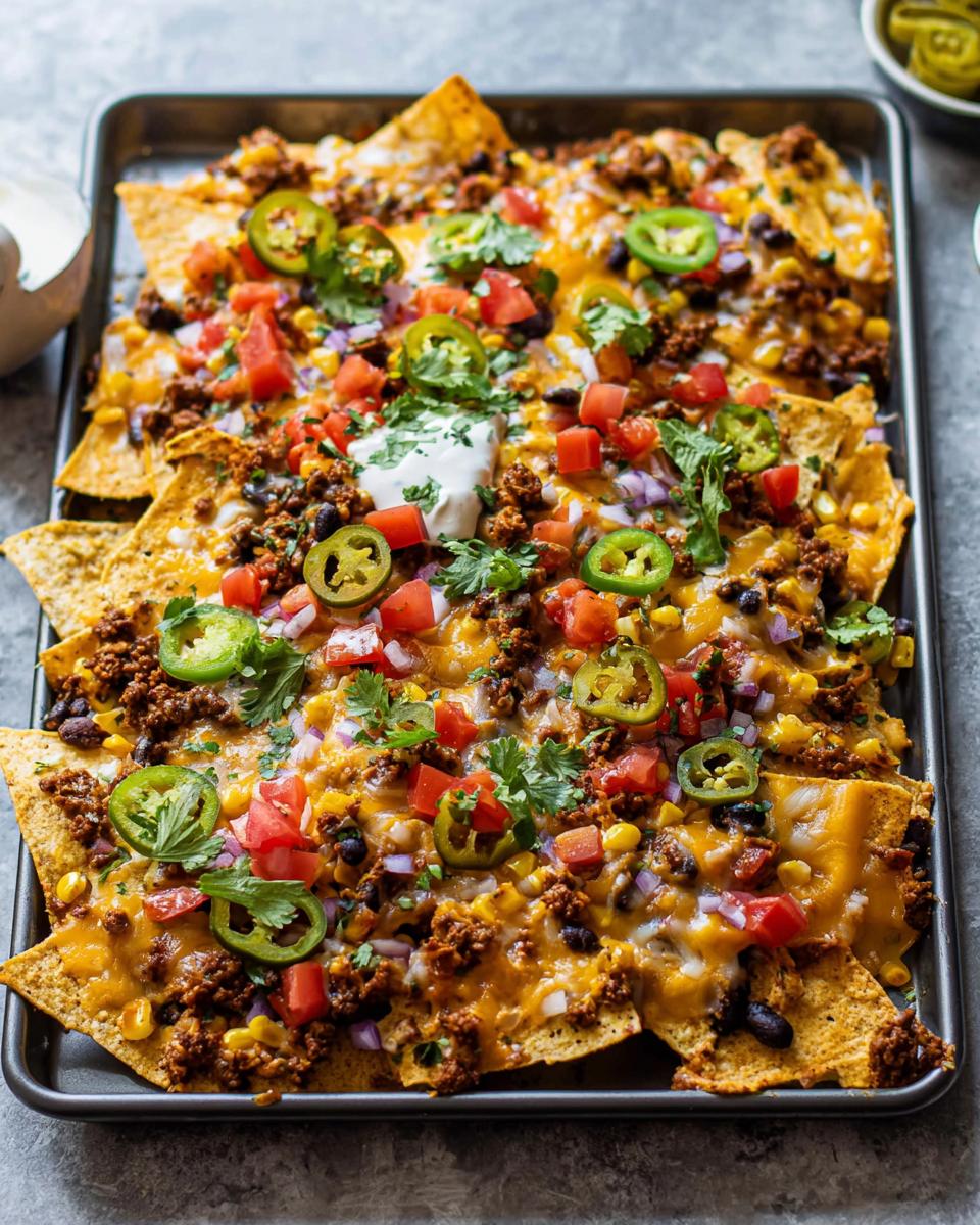 A large sheet pan filled with fully loaded Sheet Pan Nachos featuring melted cheese, ground meat, black beans, corn, tomatoes, and jalapeños.