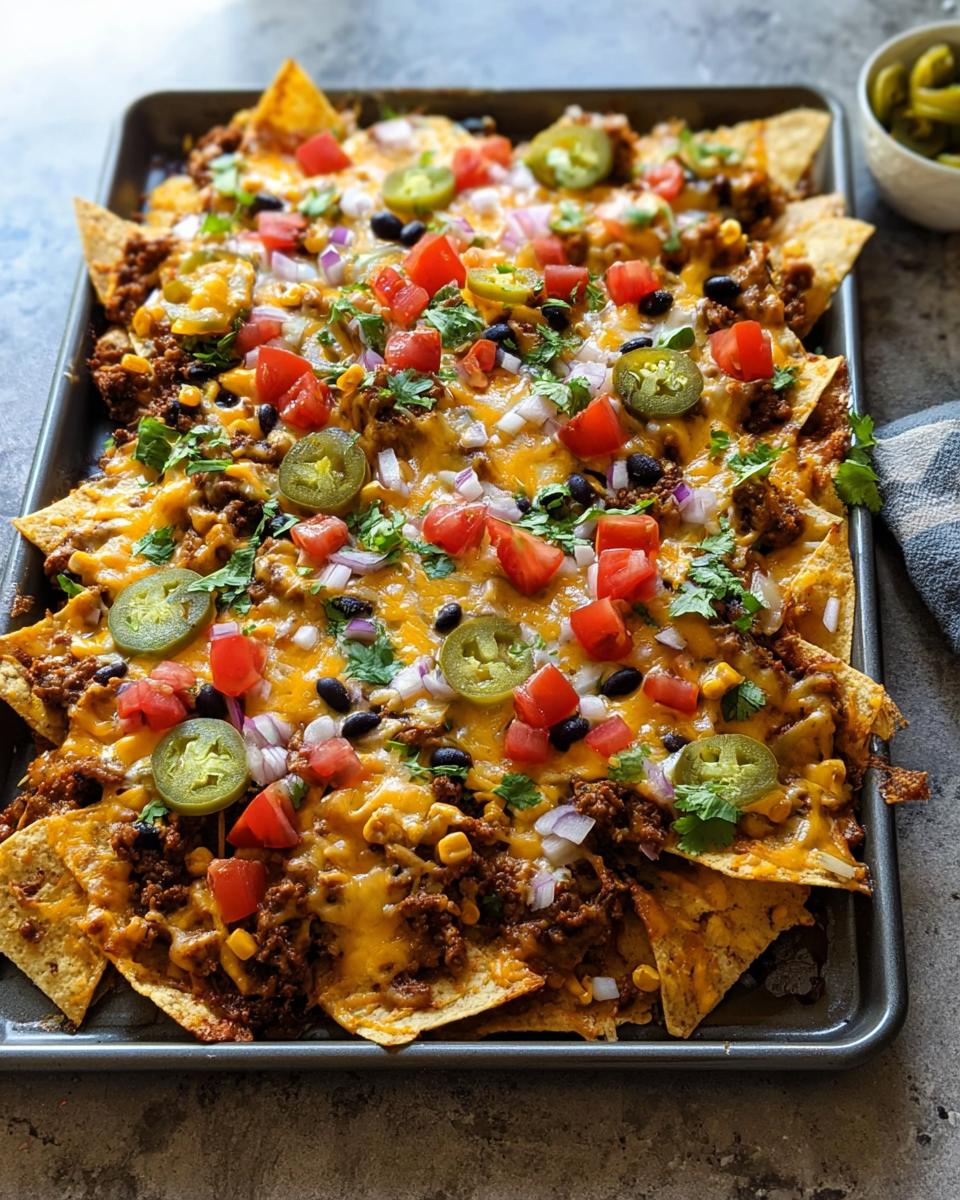 A full sheet pan of loaded Sheet Pan Nachos covered in melted cheese, seasoned beef, black beans, tomatoes, and jalapeños.