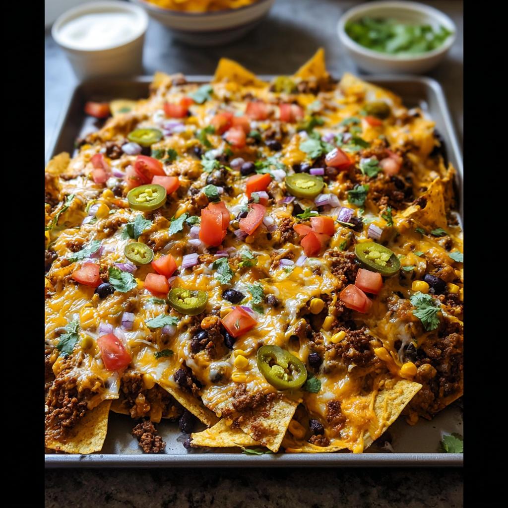A large sheet pan loaded with fully assembled Sheet Pan Nachos covered in melted cheese, ground meat, tomatoes, and jalapeños.