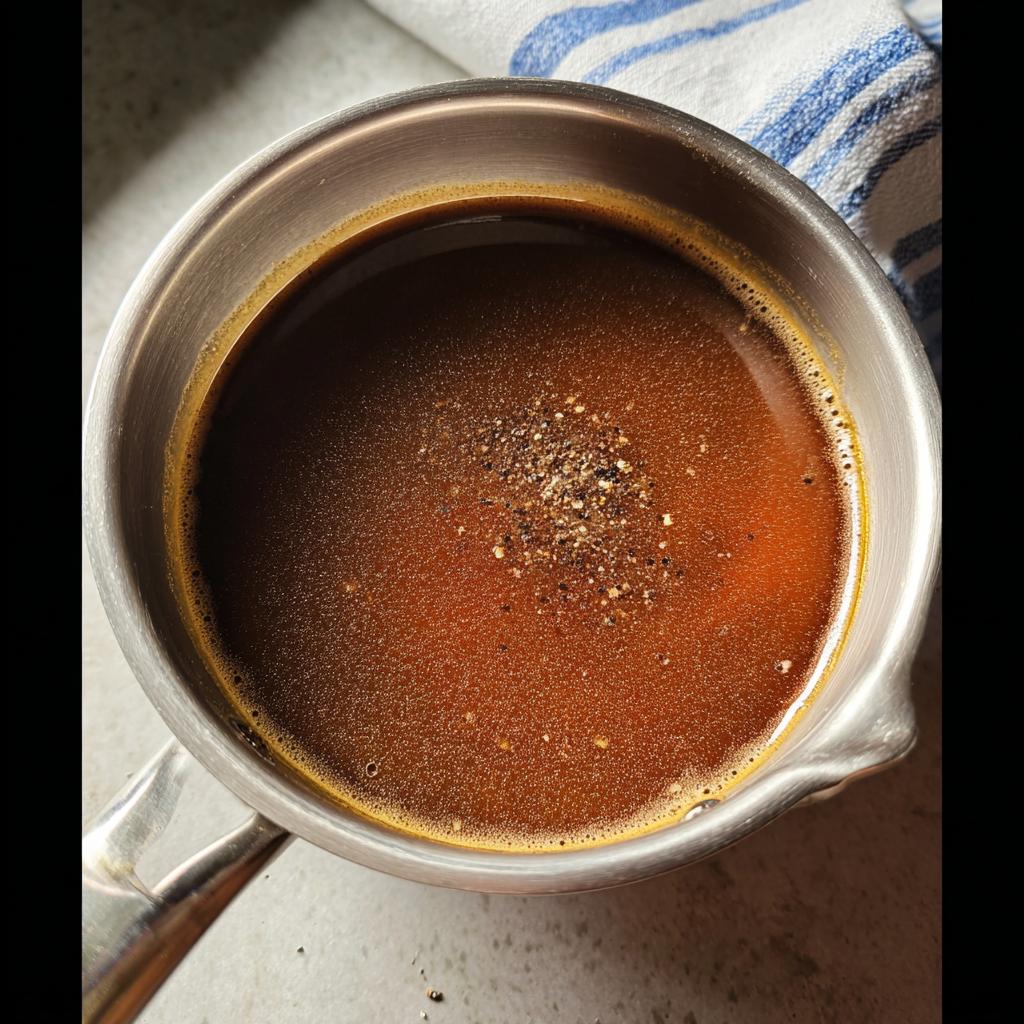 Overhead view of rich brown au jus liquid simmering in a small stainless steel saucepan, topped with cracked black pepper.
