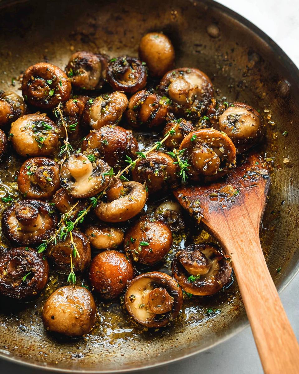 Close-up of whole button mushrooms sautéed in a skillet with garlic butter, herbs, and fresh thyme sprigs.