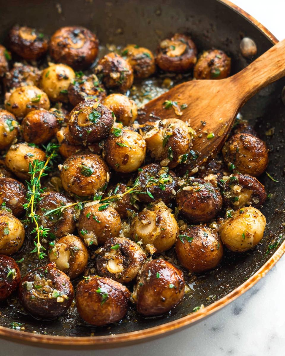 Close-up of whole, browned Garlic Butter Mushrooms being stirred with a wooden spoon in a dark skillet.