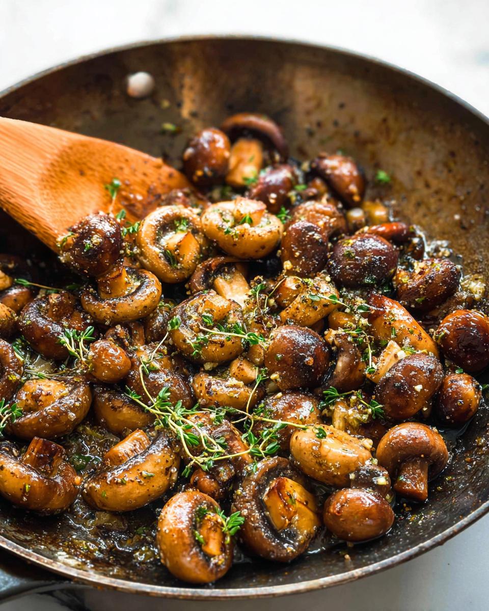 Close-up of whole brown mushrooms sautéed in a dark skillet with garlic butter sauce and fresh thyme, making Garlic Butter Mushrooms.