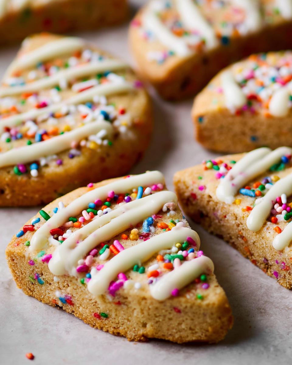 Close-up of freshly baked Slice-and-Bake Party Cookies cut into wedges, topped with white icing drizzle and colorful sprinkles.