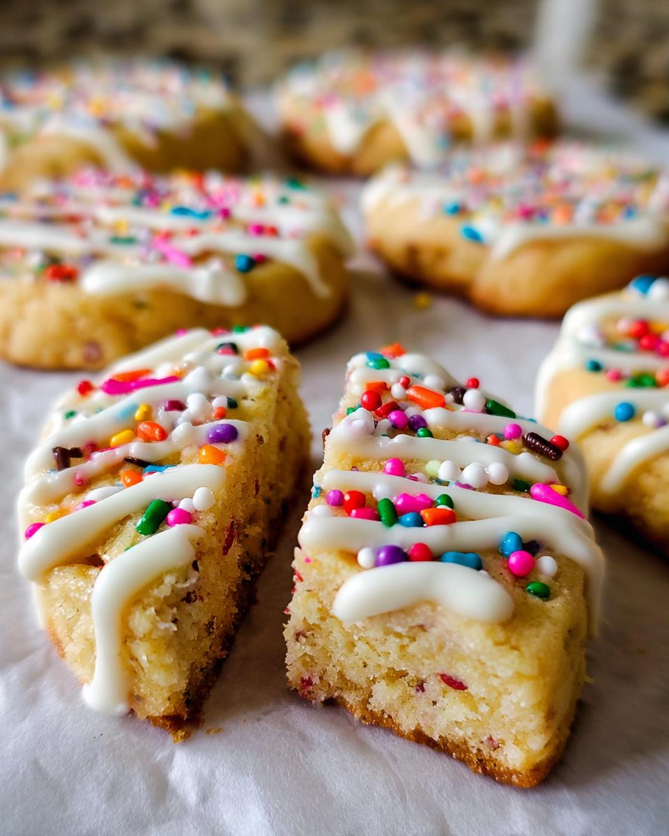 Two halves of a Slice-and-Bake Party Cookie showing the interior texture, topped with white icing and colorful sprinkles.