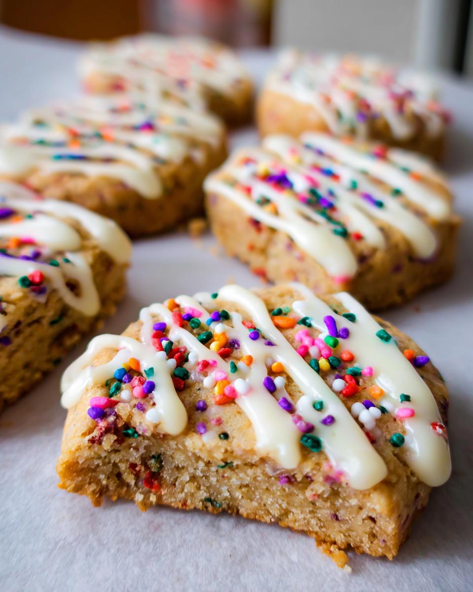A close-up of a freshly cut Slice-and-Bake Party Cookie, topped with white icing drizzle and colorful sprinkles.
