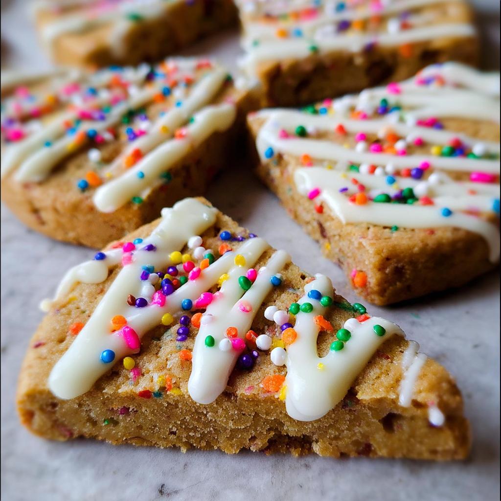 A close-up of a triangular Slice-and-Bake Party Cookie topped with white icing drizzle and colorful sprinkles.