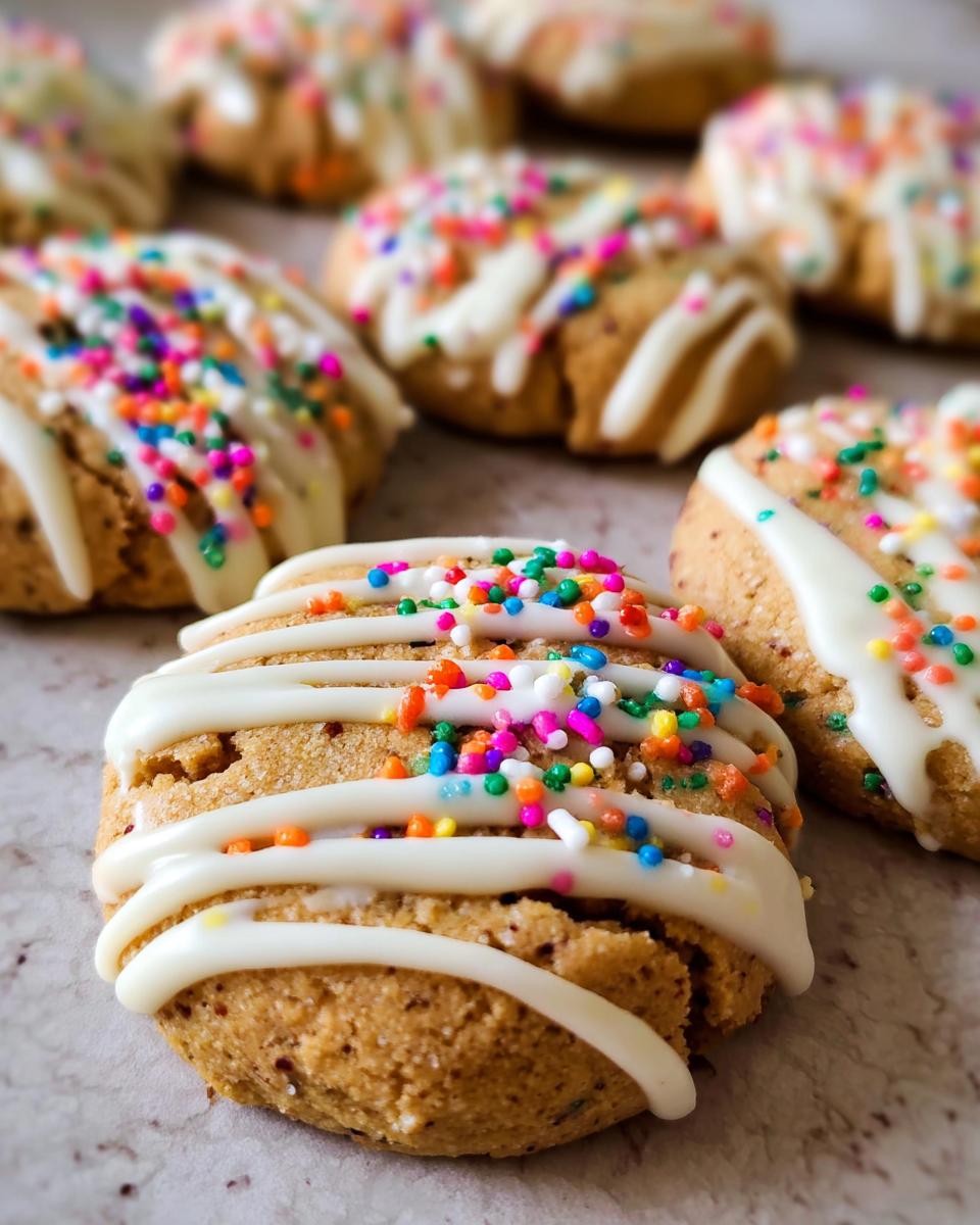 Close-up of a freshly baked Slice-and-Bake Party Cookie drizzled with white icing and colorful sprinkles.