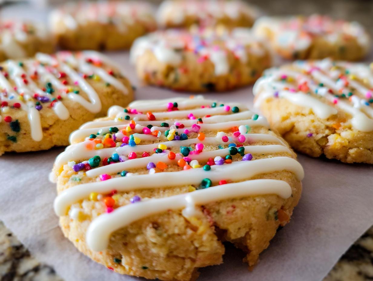 Close-up of freshly baked Slice-and-Bake Party Cookies topped with white icing drizzle and colorful sprinkles.