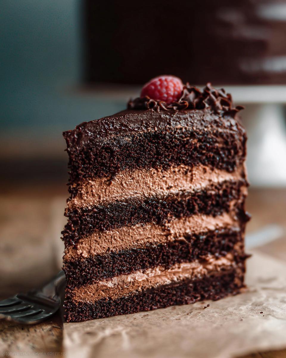 A decadent slice of Chocolate Mousse Layer Cake showing four dark chocolate cake layers alternating with light chocolate mousse filling.