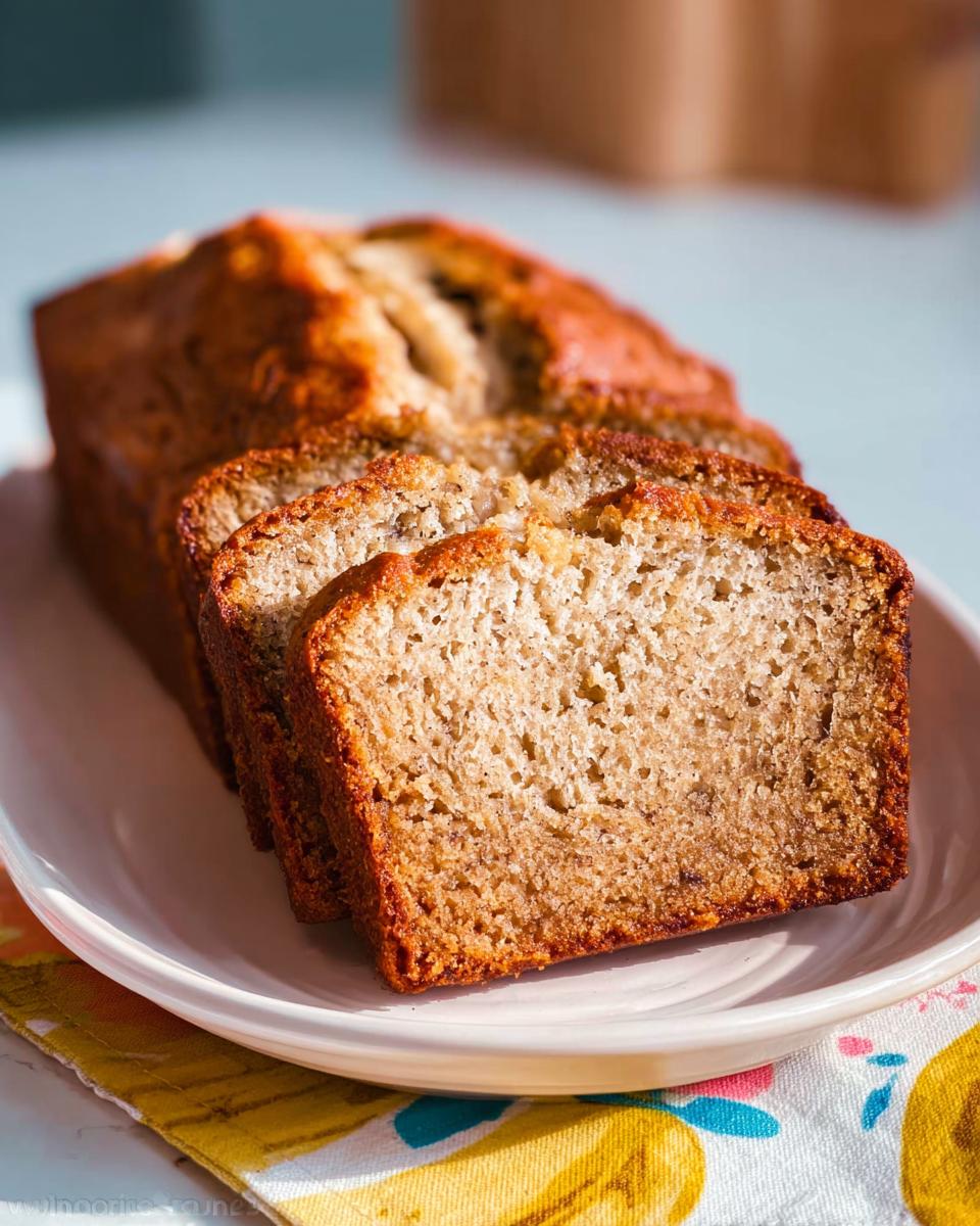 Close-up of three thick slices of moist Banana Bread with Sour Cream on a white plate.
