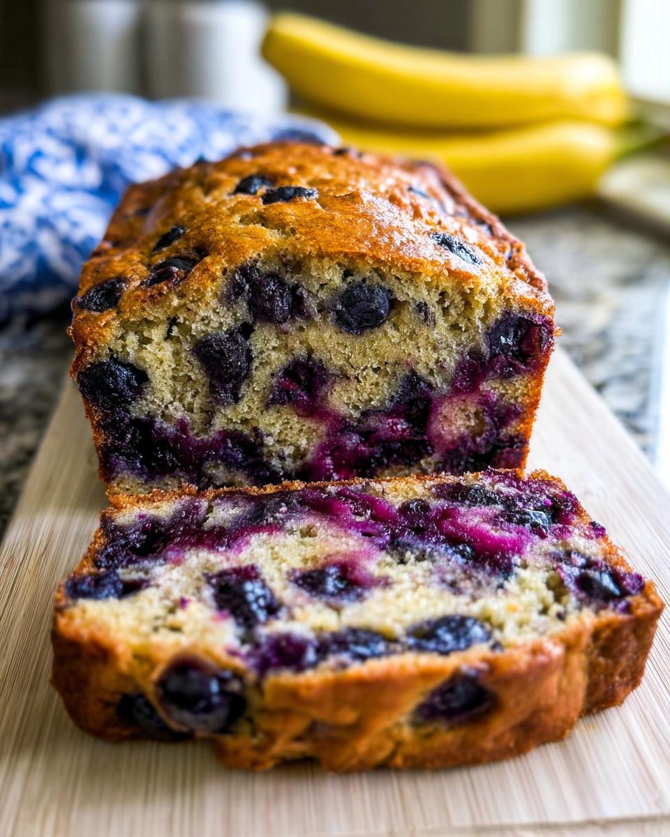 A loaf of moist Blueberry Banana Bread, sliced to show the dense crumb packed with blueberries.