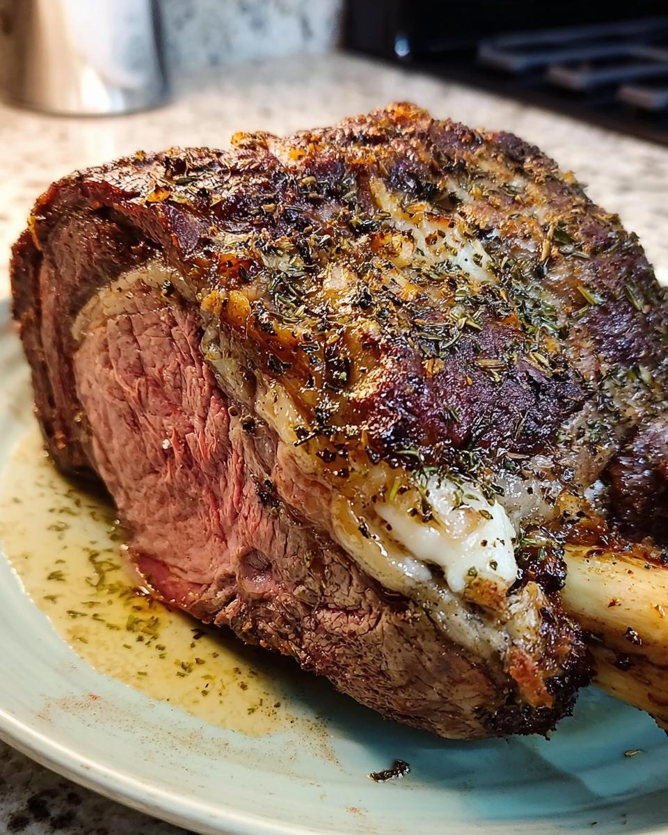 Close-up of a perfectly cooked Small Prime Rib Roast, showing a medium-rare interior and herb-crusted exterior.